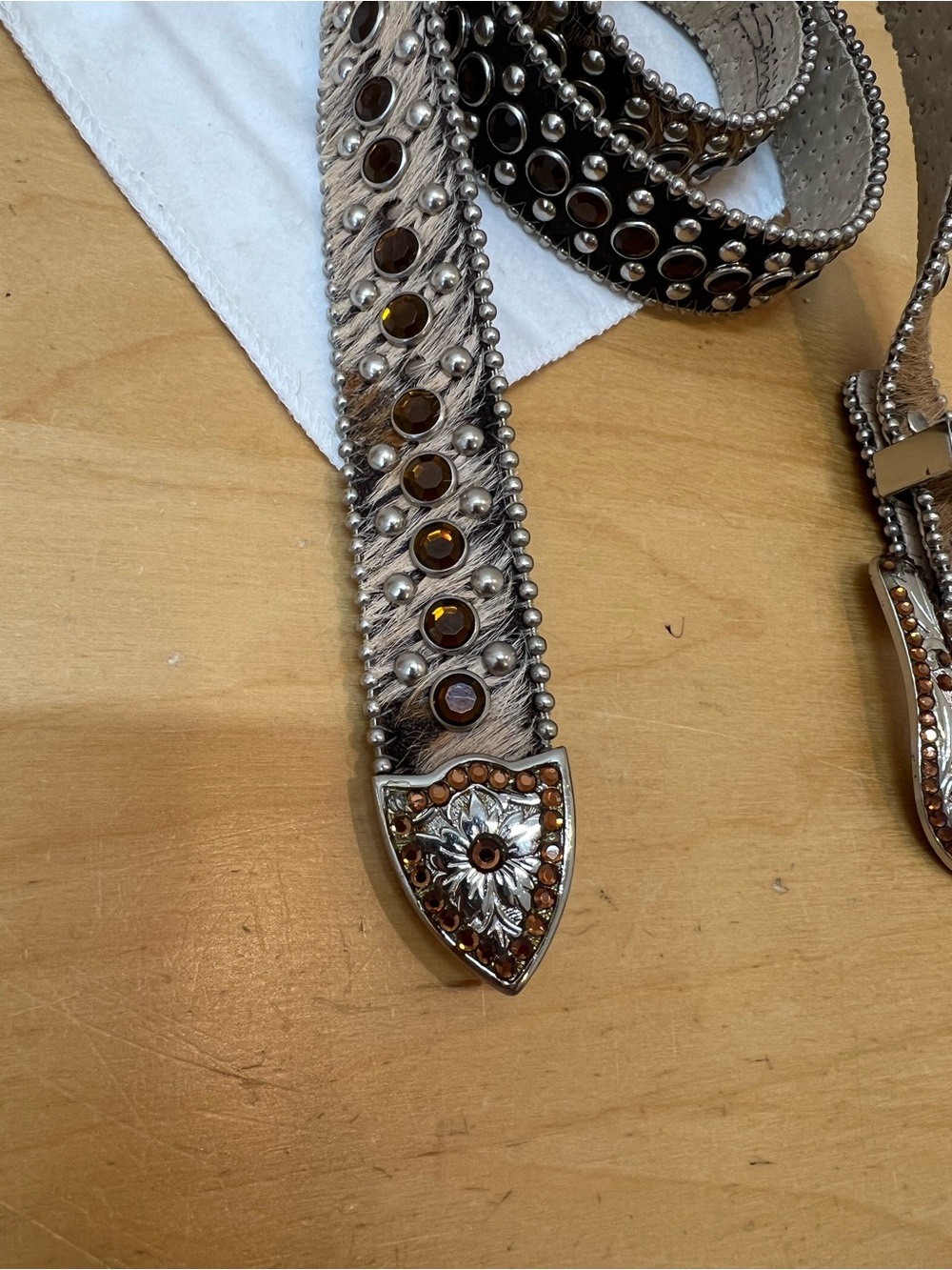 B.B. Simon Brown Leather Studded Belt with Silver Buckle and Swarovski Crystals - Picture 2 of 9